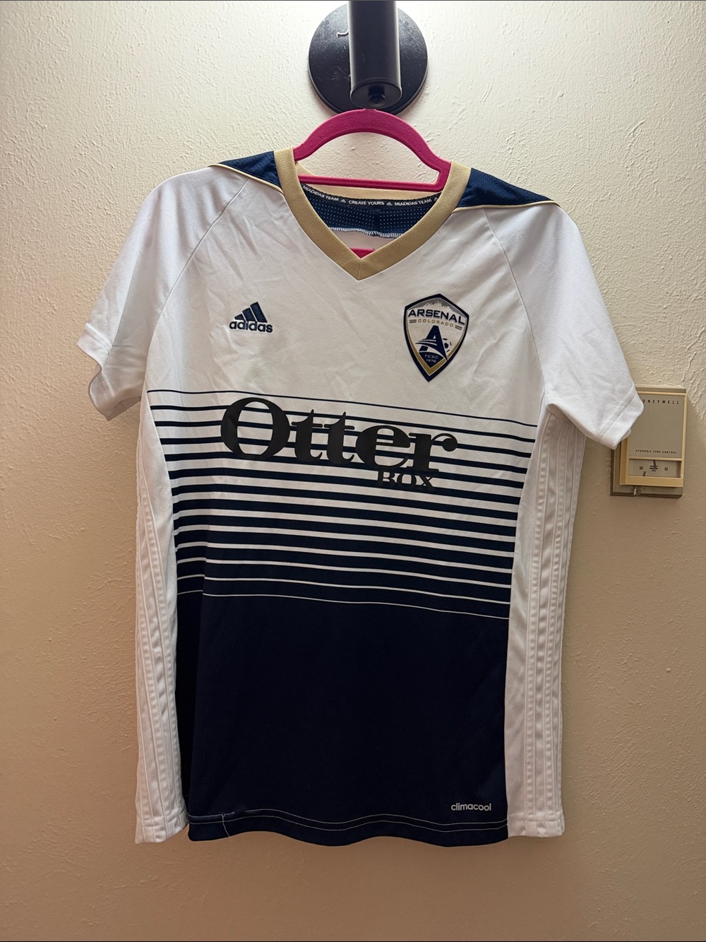 adidas White and Navy Arsenal Football Jersey with Gold Trim